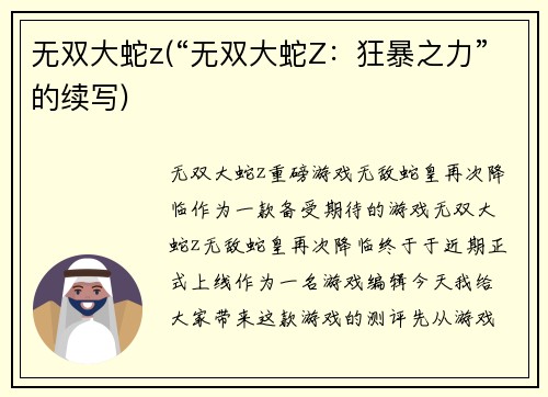 无双大蛇z(“无双大蛇Z：狂暴之力”的续写)
